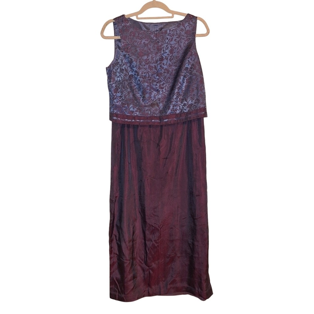 Y2K JR Nites by Caliendo Purple Iridescent Brocade 2pc Maxi Dress Set Petite 14P